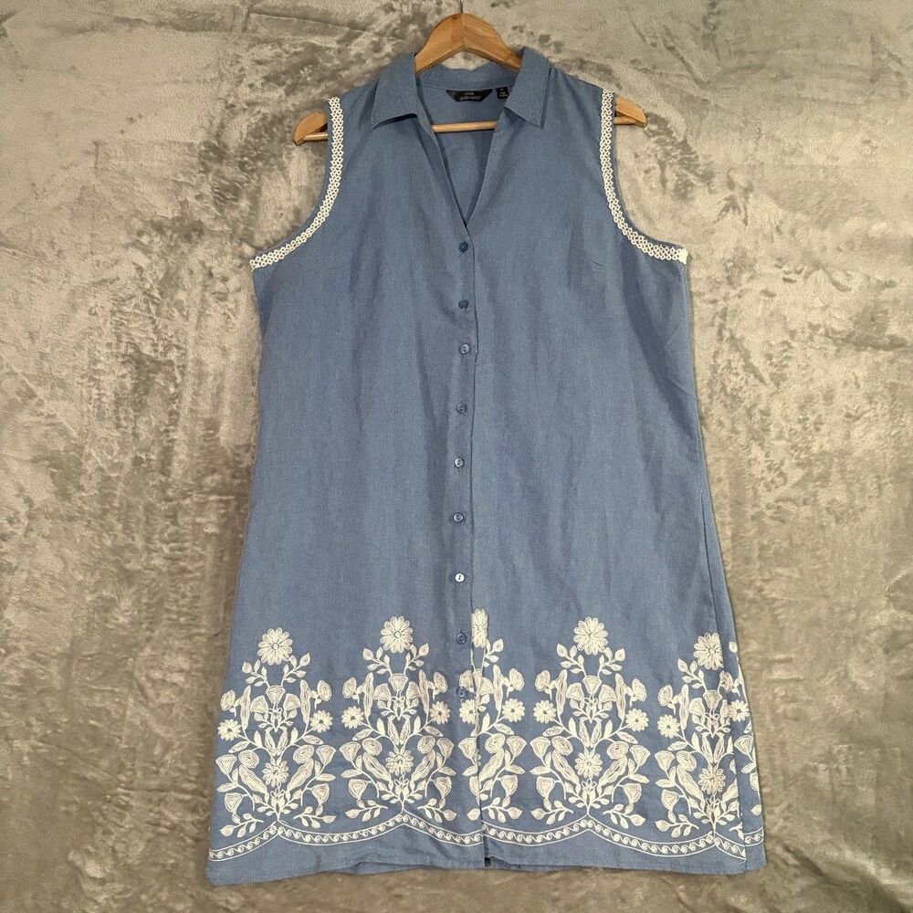 Mlle Gabrielle XL Blue Chambray Floral Lace Womens Midi Dress Button Down Retro